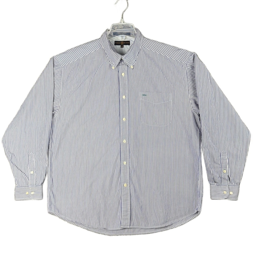 Tommy Hilfiger Golf Mens XL Blue White Striped Button Down Preppy Casual Outdoor